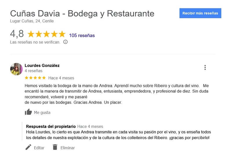 reseñas en el perfil de google de Cuñas Davia